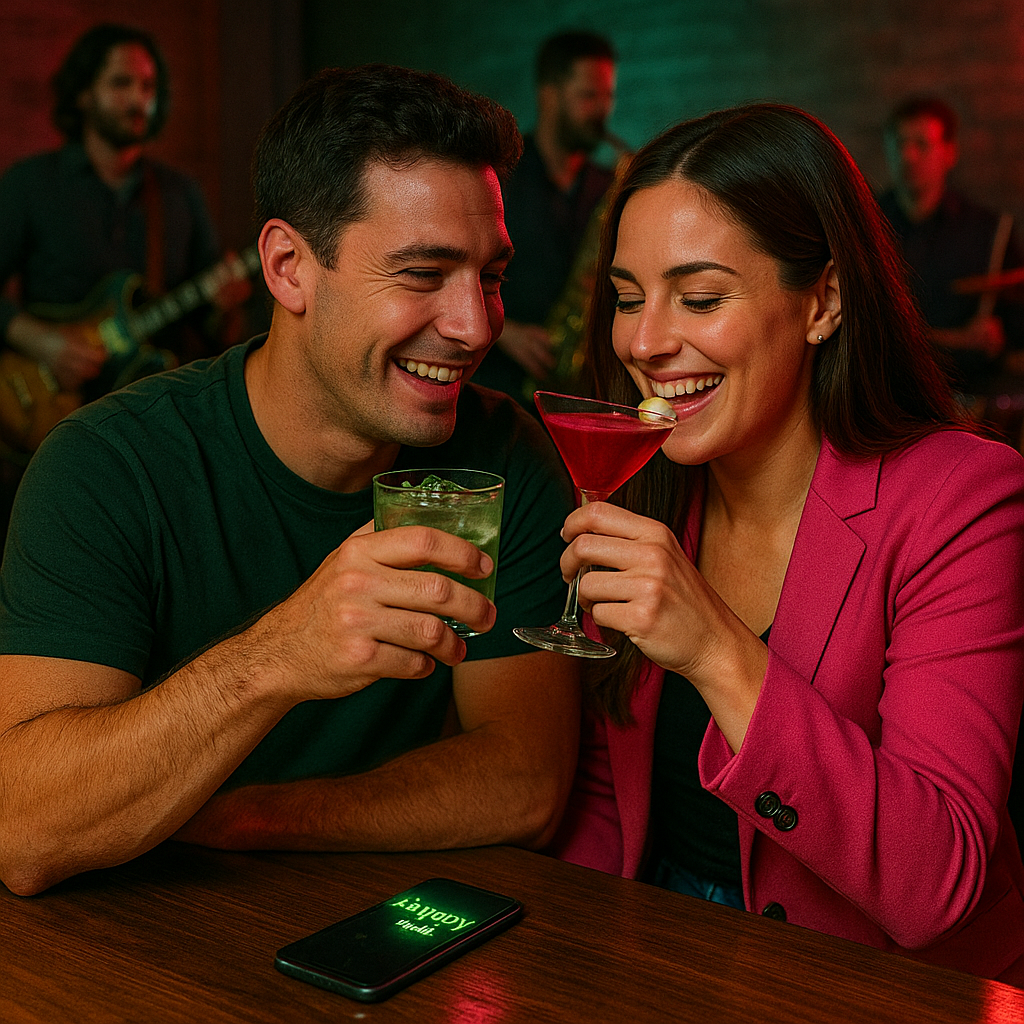 Friends enjoying drinks together at a lively bar